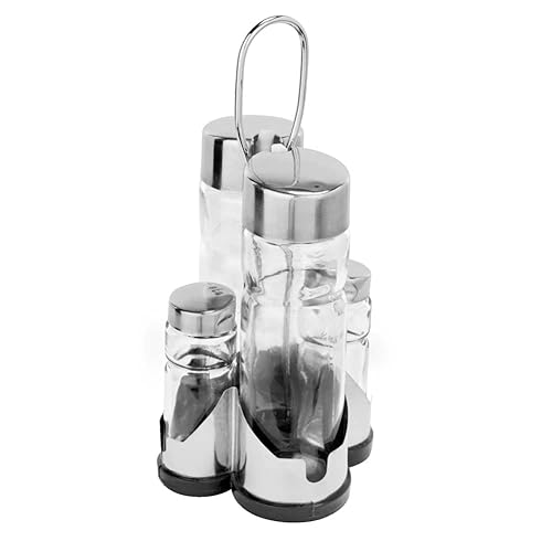 GGM Gastro Cruet Set - 4 Stück im Ständer - Essig-, Öl-, Salz- & Pfefferstreuer - Abnehmbarer Deckel - Glas - Leicht zu reinigen - Elegantes Design - Edelstahl - MEGW4 von GGM Gastro