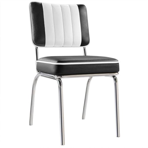 GGMMÖBEL 2-er Set Diner | Dinerstuhl | Schwarz | Leder | Gestell: Stahl/Chrom | Gestreift | Sitzhöhe: 48 cm | weißer Keder von GGMMÖBEL