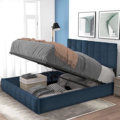 GGMWDSN Stauraumbett Hydraulisch Polsterbett Doppelbett Bett Schlafzimmerbett Kunstlederbett Bettrahmen Bettgestell Lattenrost Schwarz 140x200cm (Ohne Matratze),Blau von GGMWDSN