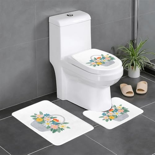 GGNKDL 3-teiliges Badezimmerteppich-Set mit Blumen-Korb-Muster, rutschfestes Badteppich-Set, leicht zu reinigen und zu pflegen, feuchtigkeitsblockierend und langlebig von GGNKDL