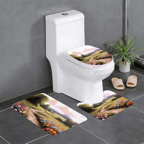 GGNKDL 3-teiliges Badezimmerteppich-Set mit Blumen und grünem Grasmuster, rutschfest, leicht zu reinigen und zu pflegen, feuchtigkeitsblockierend und langlebig von GGNKDL