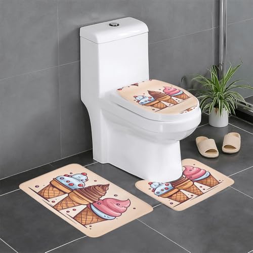 GGNKDL 3-teiliges Badezimmerteppich-Set mit Cartoon-Eistüten-Muster, rutschfest, leicht zu reinigen und zu pflegen, feuchtigkeitsblockierend und langlebig von GGNKDL