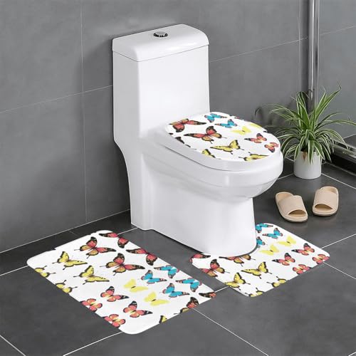 GGNKDL 3-teiliges Badezimmerteppich-Set mit Vintage-Schmetterlingsmuster, rutschfest, leicht zu reinigen und zu pflegen, feuchtigkeitsblockierend und langlebig von GGNKDL