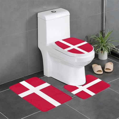 GGNKDL 3-teiliges Badezimmerteppich-Set mit dänischem Flaggenmuster, rutschfestes Badteppich-Set, leicht zu reinigen und zu pflegen, feuchtigkeitsblockierend und langlebig von GGNKDL