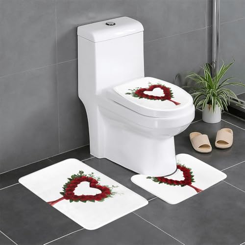 GGNKDL 3-teiliges Badezimmerteppich-Set mit herzförmigem Blumenstrauß-Muster, rutschfestes Badteppich-Set, leicht zu reinigen und zu pflegen, feuchtigkeitsblockierend und langlebig von GGNKDL