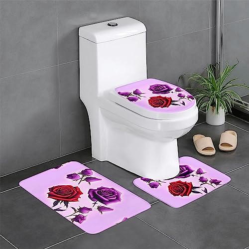 GGNKDL 3-teiliges Badezimmerteppich-Set mit rotem und violettem Rosenmuster, rutschfestes Badteppich-Set, leicht zu reinigen und zu pflegen, feuchtigkeitsblockierend und langlebig von GGNKDL