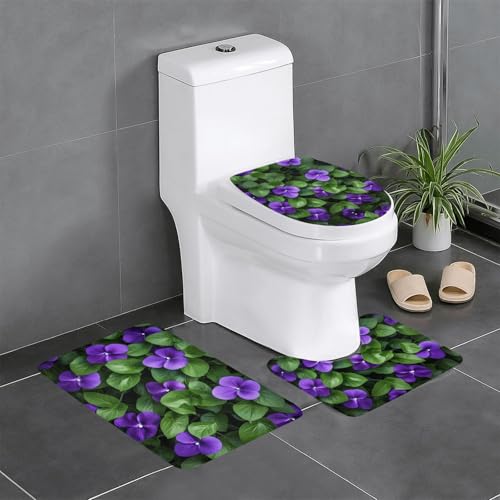 GGNKDL 3-teiliges Badezimmerteppich-Set mit violettem Blumenmuster, rutschfest, leicht zu reinigen und zu pflegen, feuchtigkeitsblockierend und langlebig von GGNKDL