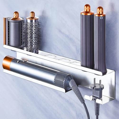 GGQ Föhnhalter Ohne Bohren Wand, Föhn und Glätteisen Halterung, Lockenstab Halterung, Edelstahl Silber Föhn Halterung Wandhalterung, Bad Haartrockner Aufbewahrung Lockenstab Halter von GGQ
