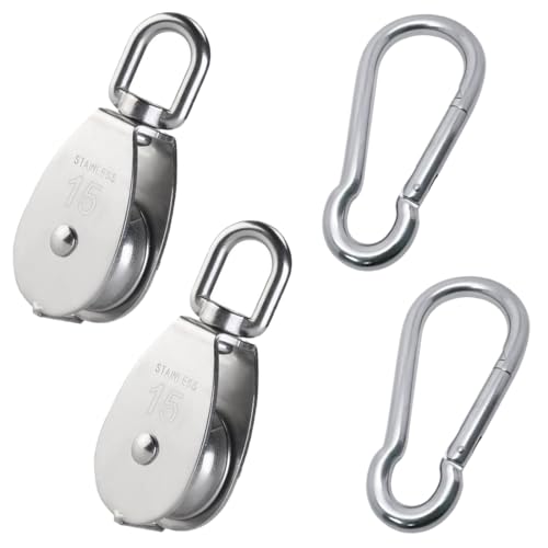GGUFAY 4 Stück Flaschenzug Set Enthalten 2 Stück Umlenkrolle M15 & 2 Stück Karabiner M4, Umlenkrollen für Seile Edelstahl Seilrolle Tragkraft 35Kg für Sonnensegel Fitness Seilwinde von GGUFAY