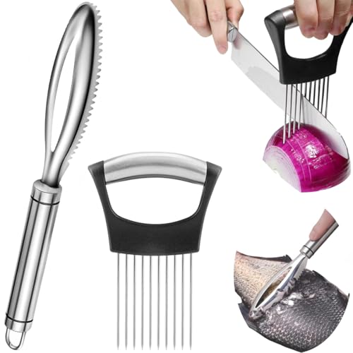 GGUFAY Zwiebelschneider & Fischentschupper Set, Fischentschupper Edelstahl entferner Fisch entschuppen, Shrendders & Slicer, Tomate, Zwiebel Zitrone Gemüse Slicer Schnitthilfe, Sicherer in Kombination von GGUFAY