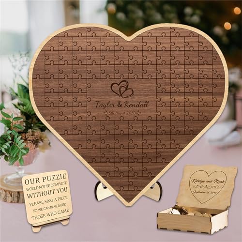 GGUIUIC Personalisiertes Puzzle Hochzeit Gästebuch Alternative Herz Hochzeit Gästebuch Zeichen Rustikale Hochzeit Dekorationen für den Empfang Holz Hochzeit Gästebuch Ideen für Baby-Dusche-Jubiläum von GGUIUIC