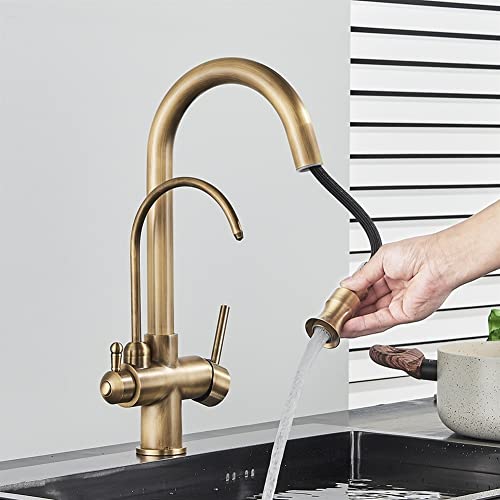 Antique Messing 3 -Wege Wasserfilter -Tap Dual Griff Spülbeckenmischhahn mit Ausziehen und heißer kaltes Trinkwasserfiltrationstechnologie von GGYTMQL