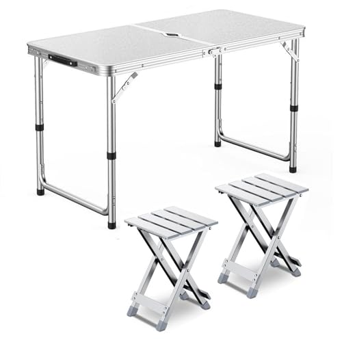GGYTMQL Camping -Tisch mit 2 Hockern, einstellbare Höhe Faltbare Picknicktisch tragbares Klapphöhlen -Airs -Hocker für Kiten Outdoor Garden BBQ von GGYTMQL