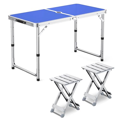 GGYTMQL Camping -Tisch mit 2 Hockern, einstellbare Höhe Faltbare Picknicktisch tragbares Klapphöhlen -Airs -Hocker für Kiten Outdoor Garden BBQ von GGYTMQL