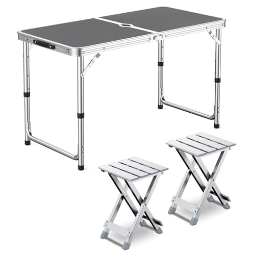 GGYTMQL Camping -Tisch mit 2 Hockern, einstellbare Höhe Faltbare Picknicktisch tragbares Klapphöhlen -Airs -Hocker für Kiten Outdoor Garden BBQ von GGYTMQL