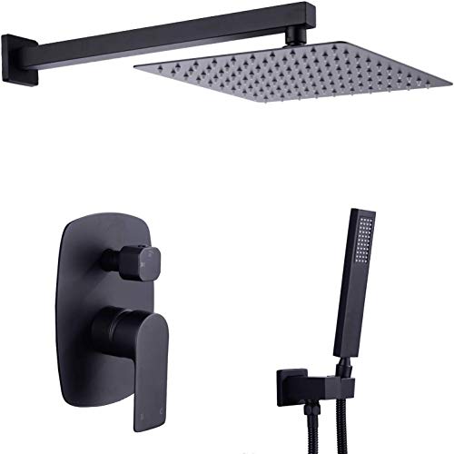GGYTMQL Duschsystem, Mattschwarze Regendusche mit 12 Zoll Hochdruckkopf Handbrause und Duscharmaturventil, Wandmontage Badezimmer Luxus Duschset (12 Zoll) von GGYTMQL