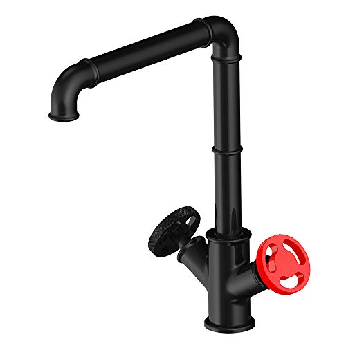 Industrial Vintage Schwarzer Küchenmischer Tap Wasserhahn mit zwei Handradgriffen Schwenkspüle Spüle Wasserhahn für Heiß- und Kaltwasserversorgung kurzes Design von GGYTMQL