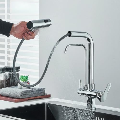 Küchenauszug gefiltertes Wasserhahn Chrom Messingreiner Wasserhahn 360 Rotation Dual Sprühgerät Trinkwasser-Flocken-Waschbeckenmischhahn Hahn Küchenauszug gefiltertes Wasserhahn Chrom Messingreiner Wasserhahn 360 Rotation Dual Sprühgerät Trinkwasser-Flocken-Waschbeckenmischhahn Hahn von GGYTMQL
