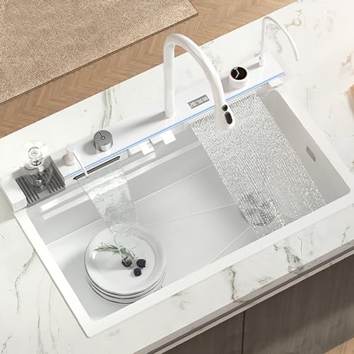 Küchenspüle Küchenspüle Weiß Doppelter Wasserauslass mit Monoblock-Armatur Digitalanzeige Wasserfall Spülbecken Spülbecken Gemüsespüle Edelstahlspüle von GGYYQQ