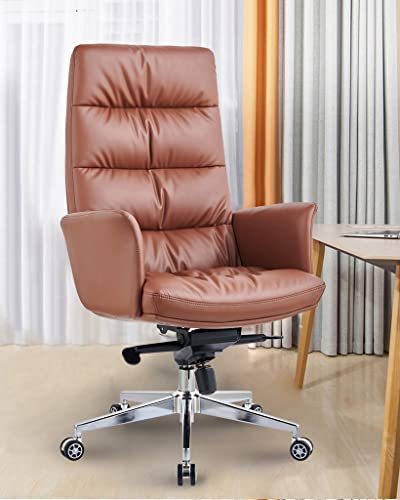 Liegender Bürostuhl aus Leder, ergonomischer Computer-Schreibtischstuhl, 360-Dreh-Arbeitsstuhl mit Rollen und verstellbarer Lendenwirbelstütze, PU-Lederstuhl mit hoher Rückenlehne, Braun beautiful von GGZONE