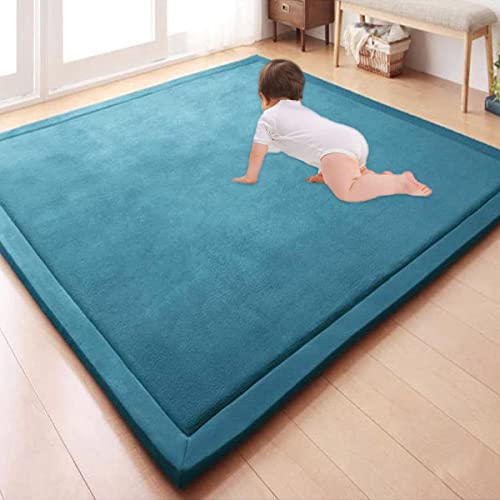 GGoty Großer Teppich, Korallen-Samt, Baby-Spielmatte, dick für Kinderzimmer, Arbeitszimmer, Küche, Kinderzimmer, Krabbelmatte für Babys, rutschfeste Yogamatte (100 x 120 x 2 cm, blau) von GGoty