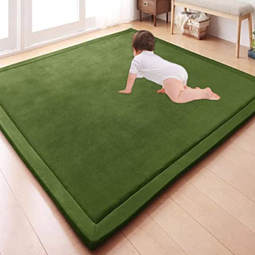 Großer Teppich, Korallen-Samt, Baby-Spielmatte, dick für Kinderzimmer, Arbeitszimmer, Küche, Kinderzimmer, Krabbelmatte für Babys, rutschfeste Yogamatte (100 x 200 x 2 cm, dunkelgrün) von GGoty