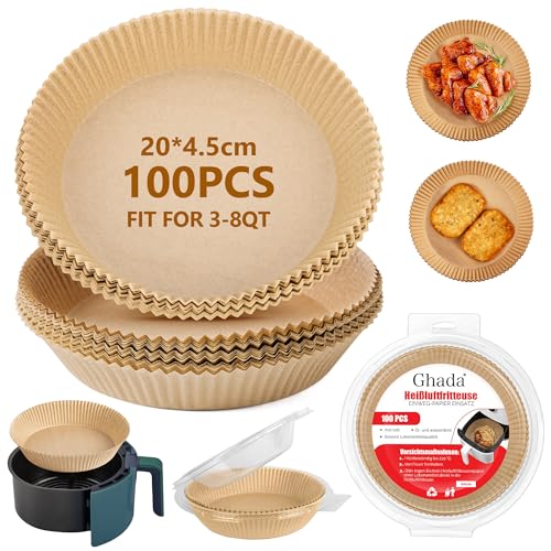 Ghada Backpapier für Heißluftfritteuse XL 4,5-6,5 L, 20-24cm 100 Stück Rund Pergamentpapier Airfryer Liners, Disposable Paper für Ofen und Air Fryers von GHADA