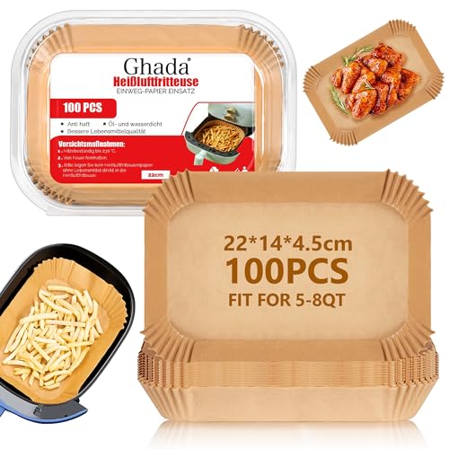 Ghada Backpapier für Heißluftfritteuse mit Doppelkammer,100 Stück Airfryer Papier Liner kompatibel mit Ninja AF300EU, AF400EU und Anderen Dual Zone Heißluftfritteuse 22x14 Rechteck von GHADA