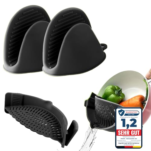 GHADA® Küchenhelfer Set – Silikon Ofenhandschuhe Hitzebeständig & Abgießhilfe Silikon – Mini Topfhandschuhe & Abtropfsieb – Für Töpfe, Pfannen, Backofen – Spülmaschinenfest von GHADA
