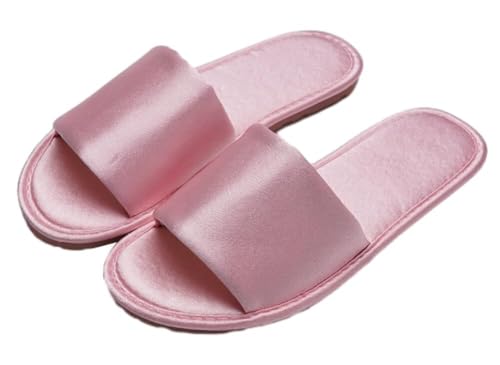 GHAKKE Damen-Satin-Hausschuhe Elegante Hausschuhe Mit Offener Spitze Für Drinnen Und Draußen Leichtgewichtige, Bequeme, rutschfeste, Flache Sandalen Lässige Hausschuhe(Pink,39/40 EU) von GHAKKE