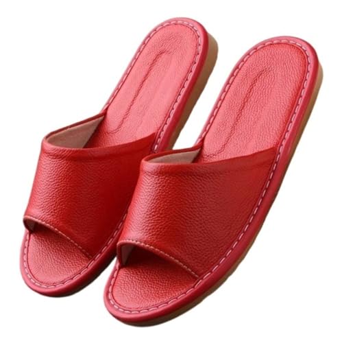 GHAKKE Hausschuhe Aus Echtem Leder Herren Und Damen Hausschuhe Mit Offener Spitze Für Drinnen Und Draußen Lässige Hausschuhe Für Paare Bequeme, rutschfeste Ledersandalen Für Büro(Red,34/35 EU) von GHAKKE