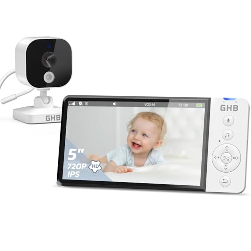 GHB Babyphone Kamera 5 Zoll 720P HD Babykamera Überwachung 5000 mAh IPS-Display 4X Zoom Nachtsicht VOX Temperatursensor nicht drehbar von GHB