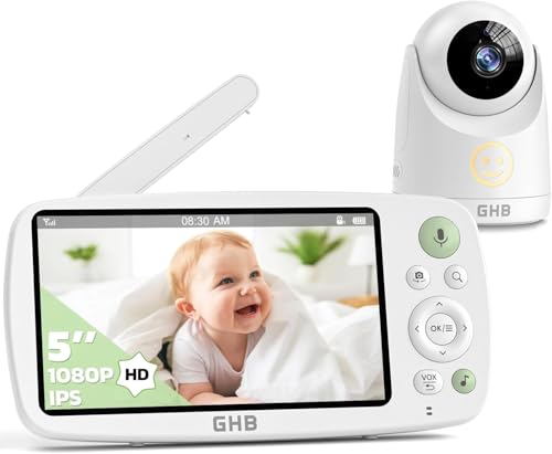 GHB Babyphone mit Kamera 5 Zoll HD 1080P Babyphone 4000-mAh-Akku 7x24 St. im VOX Modus 4xZoom Gegensprechen Nachtsicht Reichweite 300m von GHB