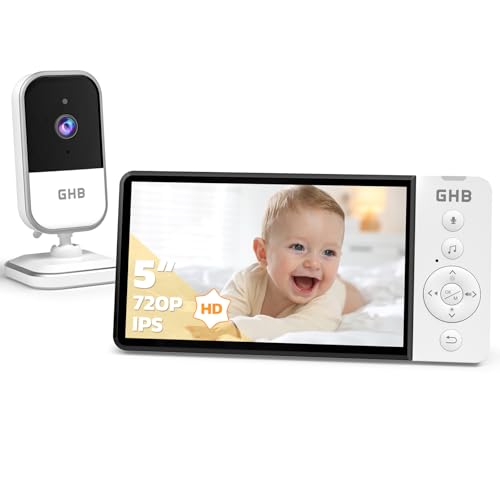GHB Babyphone mit Kamera 5 Zoll HD IPS Bildschirm 720P 5000 mAh VOX-Energiesparmodus 4-Fach-Zoom Nachtsicht Zwei-Wege-Audio Temperatursensor von GHB