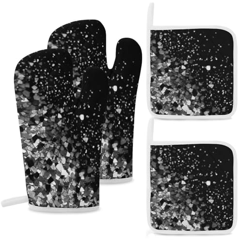 Ofenhandschuh- und Topflappen-Set mit Glitzer, hitzebeständig, rutschfest, mit Aufhängeschlaufe zum Kochen, Backen, Grillen, 4-teilig von GHBNK
