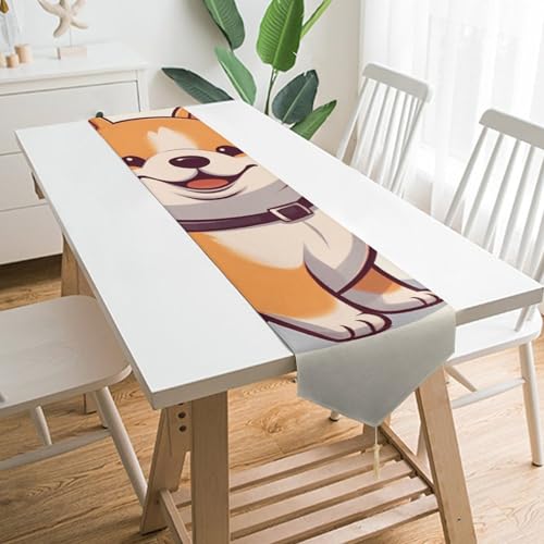 Tischläufer mit niedlichem Shiba-Inu-Hund, lang, mit Quasten, waschbar, Bauernhaus-Tischläufer, 178 x 33 cm, Couchtischläufer, Esstischdekoration für Wohnzimmer von GHBNK