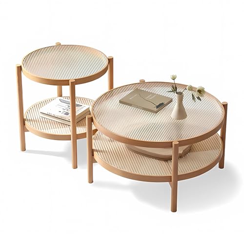 GHBXJX Couch Beistelltisch Eiche Rund Couchtisch 2er Set, Modern Wohnzimmertisch Holz Stubentisch mit Stauraum, Klein Holztisch Wohnzimmer Coffee Table Sofa Tisch von GHBXJX