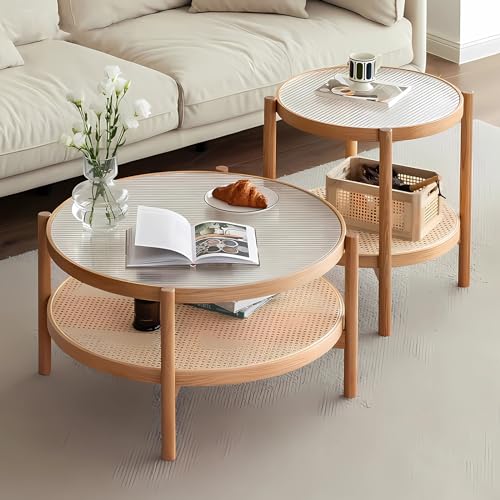 GHBXJX Couch Beistelltisch Rund Couchtisch 2er Set, Modern Wohnzimmertisch Holz Stubentisch mit Stauraum, Massivholz Coffee Table Sofa Tisch für Wohnzimmer, Eiche von GHBXJX