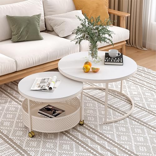 GHBXJX Modern Couchtisch Rund 2er Set, Metall Couchtisch mit Rollen und Stauraum, Sofa Tische Wohnzimmer Couch Beistelltisch, Mobiler Stubentisch, Cauchsofa Tisch, Belastbarkeit 100kg,Weiß von GHBXJX