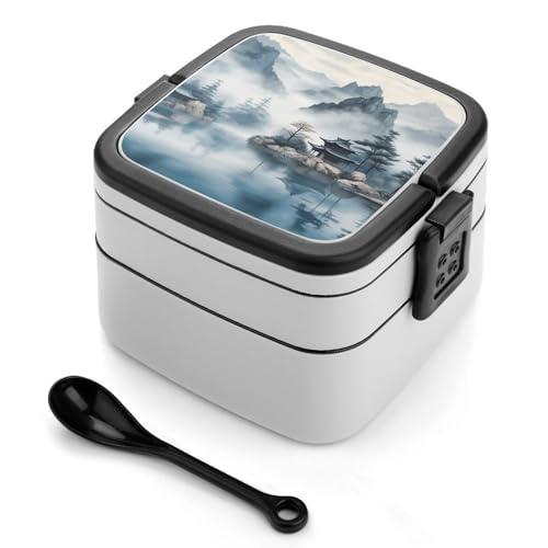 Asiatische Landschaftsmalerei, Bento-Box für Erwachsene, stapelbar, 2 Schichten, wiederverwendbar, auslaufsicher, Lunchbehälter für Erwachsene, Reisen, 940 ml, Lunchbox mit Löffel, tragbare Asiatische Landschaftsmalerei, Bento-Box für Erwachsene, stapelbar, 2 Schichten, wiederverwendbar, auslaufsicher, Lunchbehälter für Erwachsene, Reisen, 940 ml, Lunchbox mit Löffel, tragbare von GHENBLT