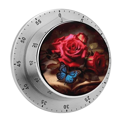 Butterfly Roses Küchentimer, manuelle 60-Minuten-Aufzieh-Timer mit lautem Alarm, magnetische Rückseite, mechanische Küchentimer, keine Batterien erforderlich, Countdown-Timer zum Kochen und Backen von GHENBLT
