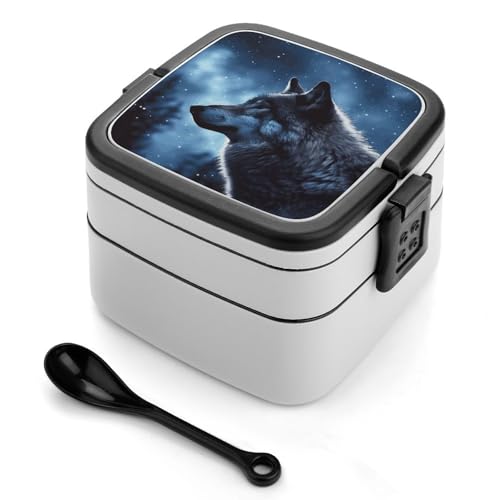 GHENBLT Lonely Wolf Bento-Box für Erwachsene, stapelbar, 2 Schichten, wiederverwendbar, auslaufsicher, Lunchbehälter für Erwachsene, Reisen, 940 ml, Lunchbox mit Löffel, tragbare Bento-Boxen GHENBLT Lonely Wolf Bento-Box für Erwachsene, stapelbar, 2 Schichten, wiederverwendbar, auslaufsicher, Lunchbehälter für Erwachsene, Reisen, 940 ml, Lunchbox mit Löffel, tragbare Bento-Boxen von GHENBLT