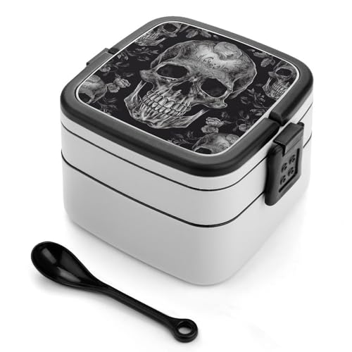 GHENBLT Totenkopf-Bento-Box für Erwachsene, stapelbar, 2 Schichten, wiederverwendbar, auslaufsicher, Lunchbehälter für Erwachsene, Reisen, 940 ml, Lunchbox mit Löffel, tragbare Bento-Boxen GHENBLT Totenkopf-Bento-Box für Erwachsene, stapelbar, 2 Schichten, wiederverwendbar, auslaufsicher, Lunchbehälter für Erwachsene, Reisen, 940 ml, Lunchbox mit Löffel, tragbare Bento-Boxen von GHENBLT