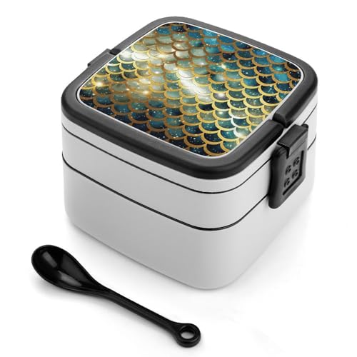 Goldene glitzernde Fischschuppen Bento-Box für Erwachsene, stapelbar, 2 Schichten, wiederverwendbar, auslaufsicher, Lunchbehälter für Erwachsene, Reisen, 940 ml, Lunchbox mit Löffel, tragbare Goldene glitzernde Fischschuppen Bento-Box für Erwachsene, stapelbar, 2 Schichten, wiederverwendbar, auslaufsicher, Lunchbehälter für Erwachsene, Reisen, 940 ml, Lunchbox mit Löffel, tragbare von GHENBLT