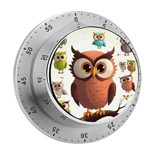 Küchentimer mit Cartoon-Eule, manuelle 60-Minuten-Aufzieh-Timer mit lautem Alarm, magnetische Rückseite, mechanische Küchentimer, keine Batterien erforderlich, Countdown-Timer zum Kochen und Backen von GHENBLT