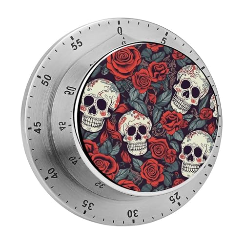 Küchentimer mit Totenschädeln und roten Rosen, manuelle 60-Minuten-Aufzieh-Timer mit lautem Alarm, magnetische Rückseite, mechanischer Küchentimer, keine Batterien erforderlich, Countdown-Timer zum von GHENBLT