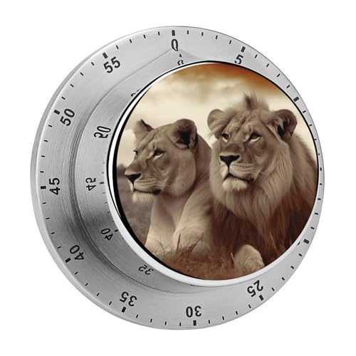 Küchentimer mit afrikanischem Löwe und Löwin, manuelle 60-Minuten-Aufziehzeituhr mit lautem Alarm, magnetische Rückseite, mechanische Küchentimer, keine Batterien erforderlich, Countdown-Timer zum von GHENBLT
