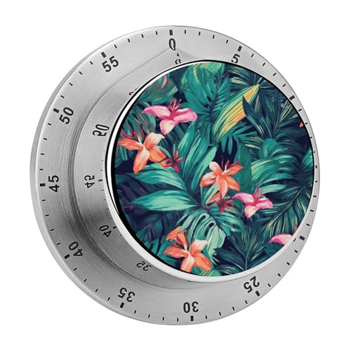 Küchentimer mit tropischen Blumenblättern, manuelle 60-Minuten-Aufziehzeituhr mit lautem Alarm, magnetische Rückseite, mechanische Küchentimer, keine Batterien erforderlich, Countdown-Timer zum Kochen von GHENBLT