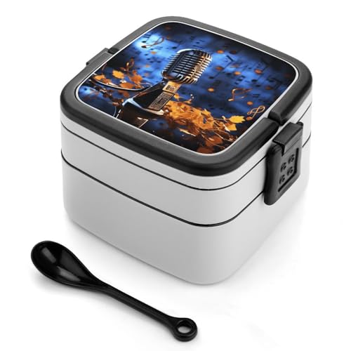 Mikrofon mit Musiknoten Bento-Box für Erwachsene, stapelbar, 2 Schichten, wiederverwendbar, auslaufsicher, Lunchbehälter für Erwachsene, Reisen, 940 ml, Lunchbox mit Löffel, tragbare Bento-Boxen Mikrofon mit Musiknoten Bento-Box für Erwachsene, stapelbar, 2 Schichten, wiederverwendbar, auslaufsicher, Lunchbehälter für Erwachsene, Reisen, 940 ml, Lunchbox mit Löffel, tragbare Bento-Boxen von GHENBLT
