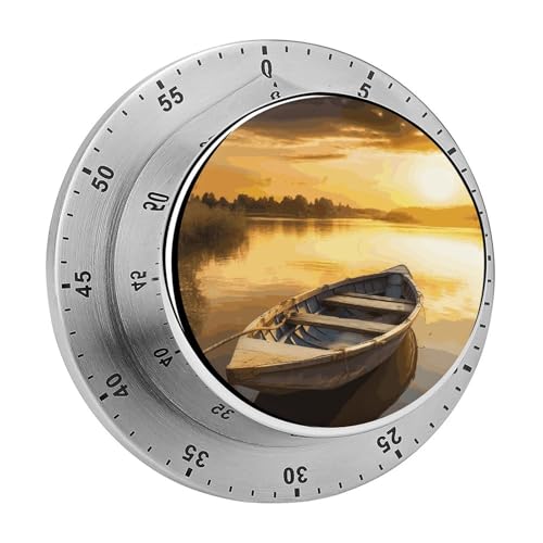 River Sunset Holz-Boot-Küchentimer, manuelle 60-Minuten-Aufzieh-Timer mit lautem Alarm, magnetische Rückseite, mechanische Küchentimer, keine Batterien erforderlich, Countdown-Timer zum Kochen und von GHENBLT